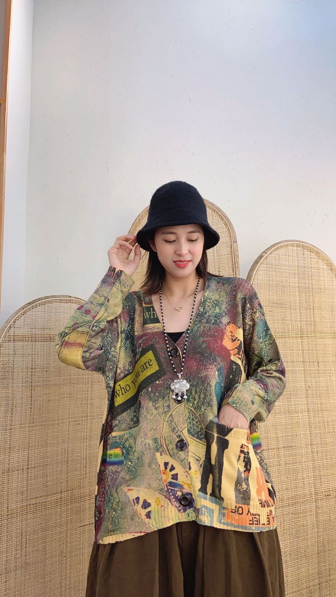 Loose Printed Knitted V Neck Long Sleeve Sweater Top