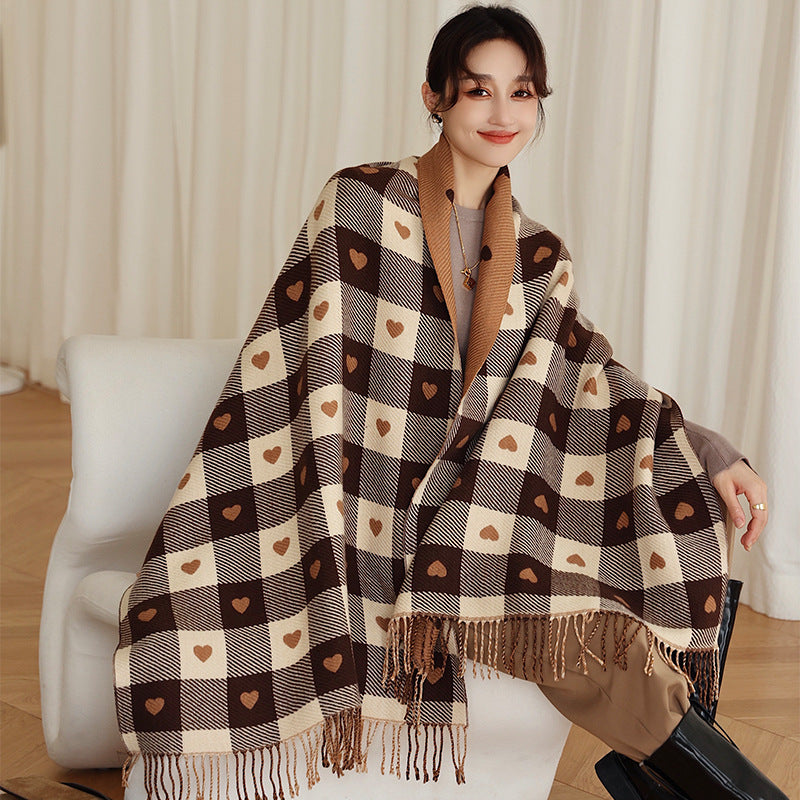 Retro Checkerboard Love Heart Tassel Warmer Scarf&Shawls