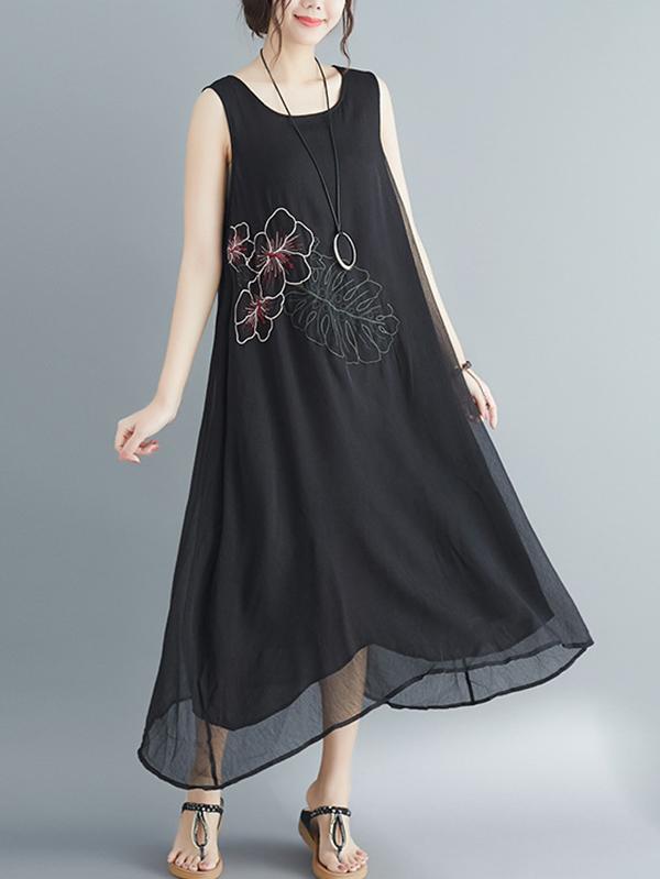 Loose Embroidered Sleeveless Dress