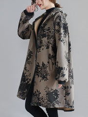 Artistic Retro Loose Floral Printed Hooded Long Sleeves Outwear