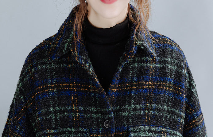 Large Size Loose Mid-Length Plaid Thick Woolen Coat