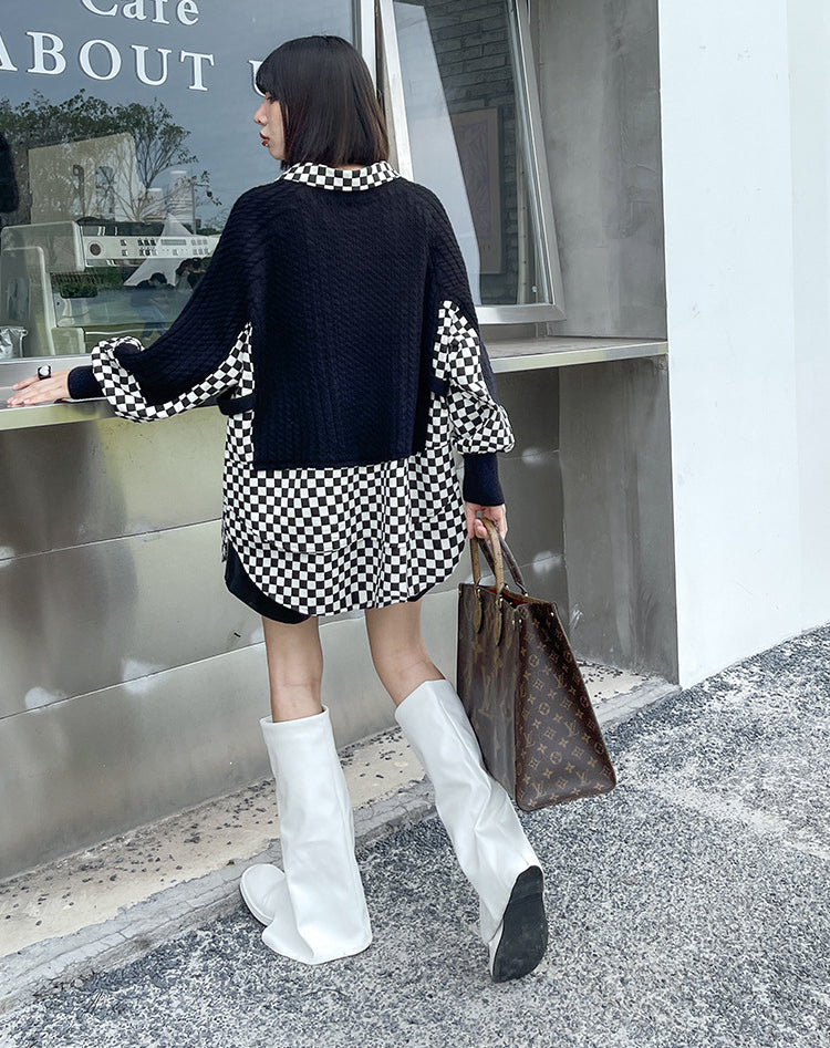 Retro Fake Two Piece Stitching Contrast Color Sweater