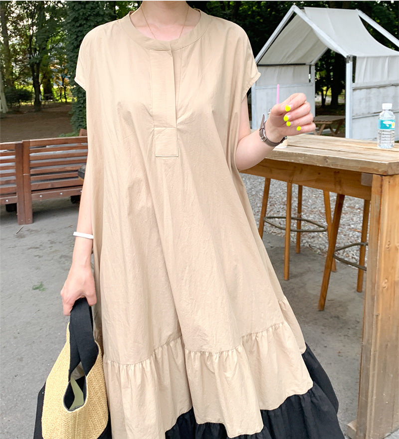 Retro Loose Thin Contrast Stitching Dress