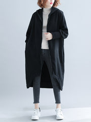 Casual Loose High-Low Solid Color Zipper Hooded Outerwear