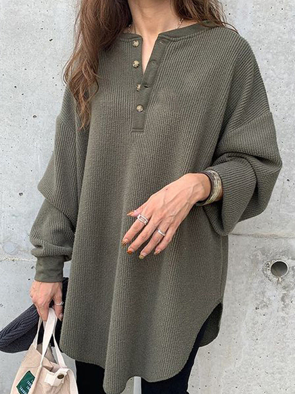 Casual Half-Open Collar Knitted Long Sleeve Top