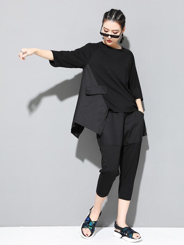 Solid Color Cropped Loose Batwing Sleeve  T-Shirt