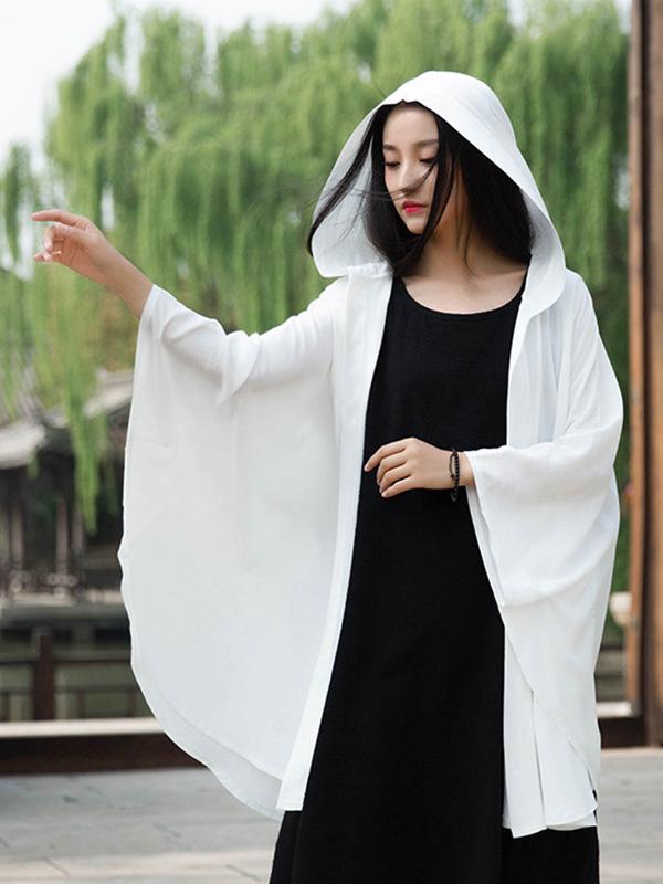 Simple Solid Loose Batwing Sleeve Hood Cape