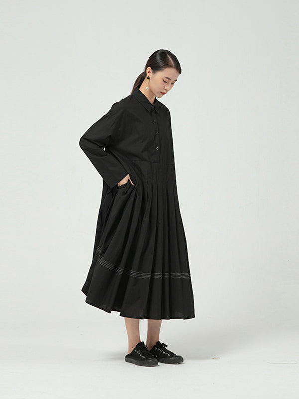 Solid Color Long Sleeve Pleated Maxi Dress