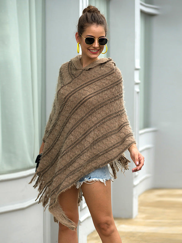 Casual Striped Knitted Hooded Shawl Sweater