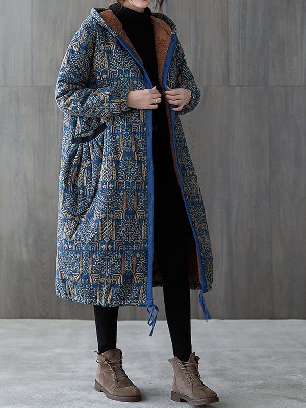 Women Printed Loose Hooded Casual Coat