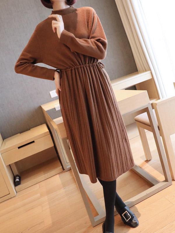 Plain Elasticity Pleated Knit Midi Dress