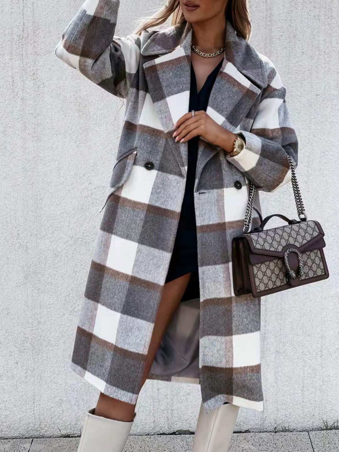 Classic Plaid Lapel Collar Midi Outerwear