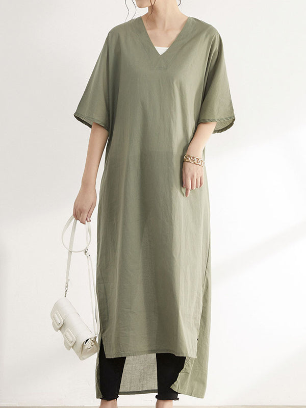 Half Sleeves Solid V-Neck Casual Maxi Dress