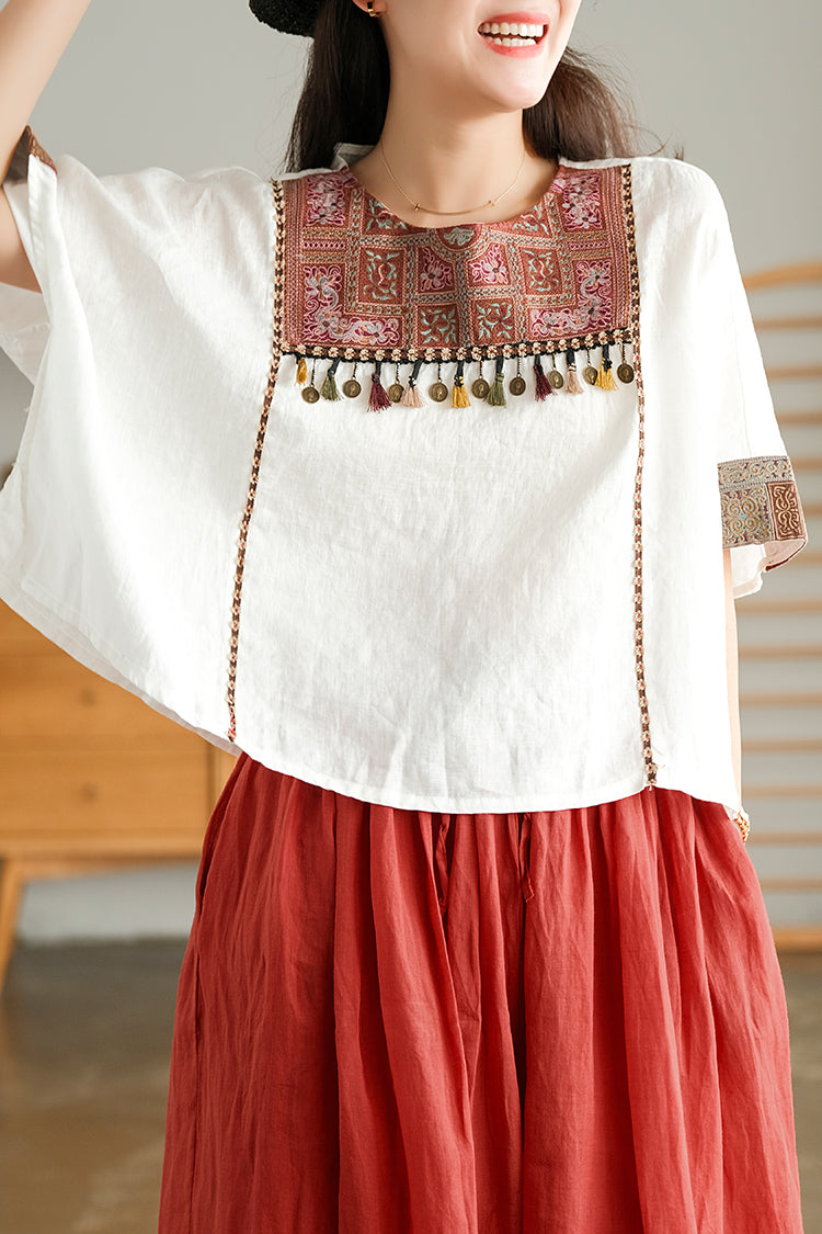 Casual Embroidery Tassel Short Sleeves T-Shirt