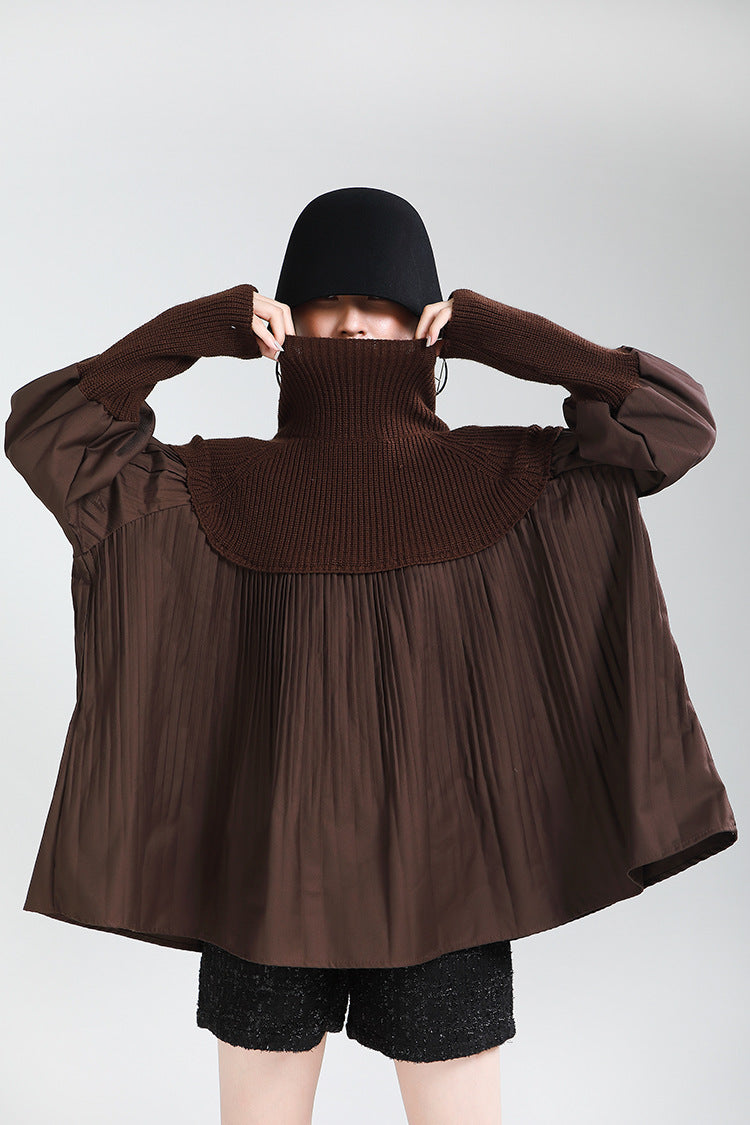 Women High Neck Stitching Pleated Sweater