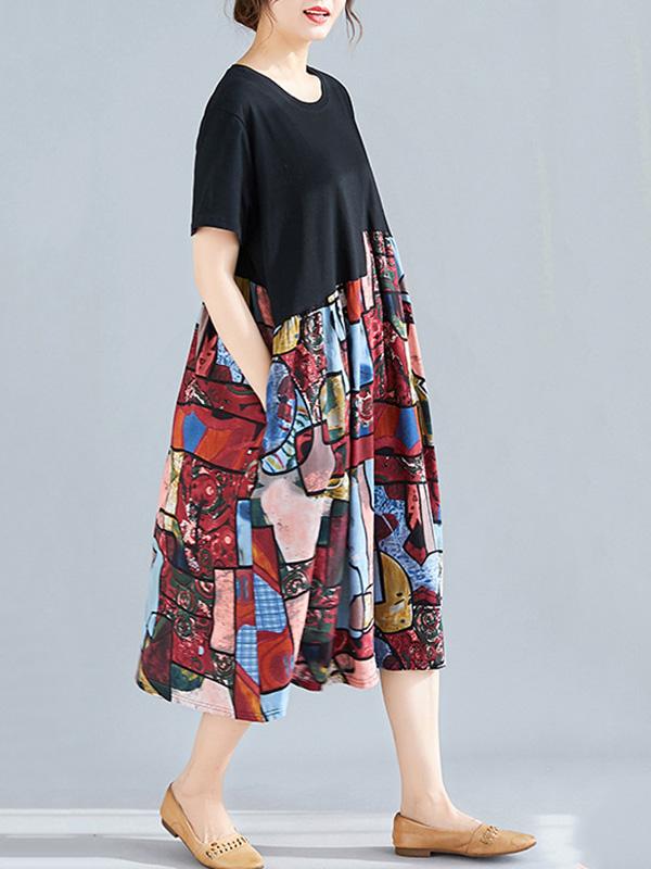 Loose Ramie Cotton Split-joint Floral Printed Midi Dress