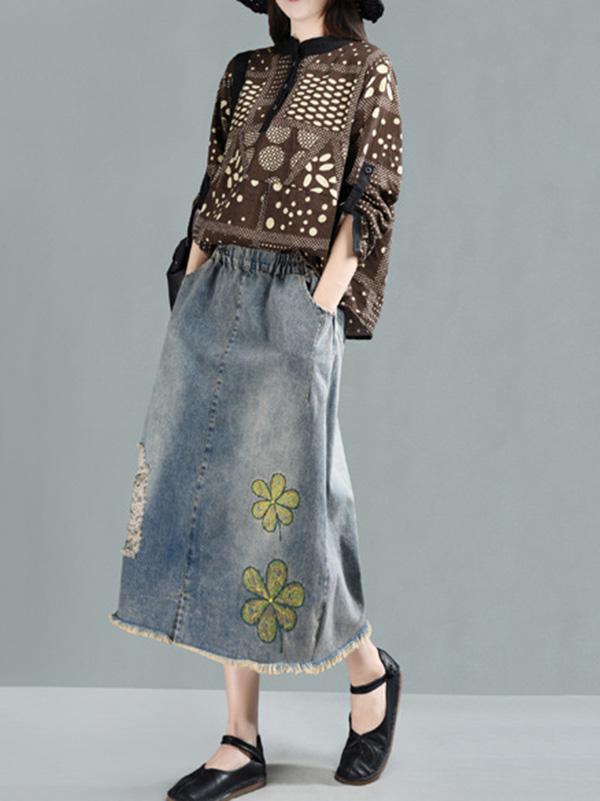 Printed Washing Style Denim Skirt