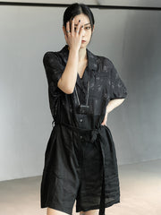 Urban Black Linen Stamped Notched Collar Rompers