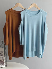 Loose Round Neck Solid Knitted T-Shirt