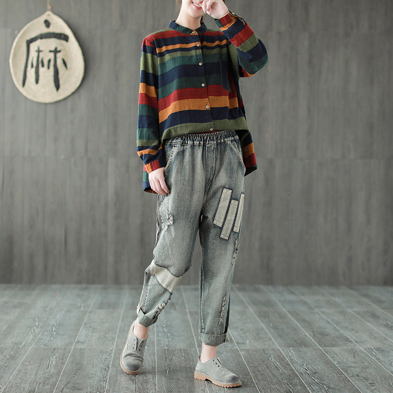 Art Retro Color Striped Loose Shirt