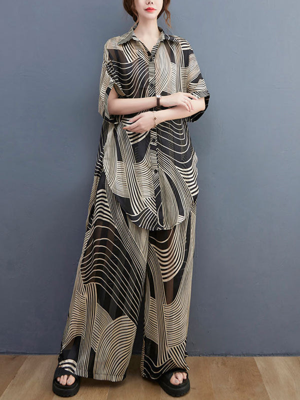 Loose Striped Printed Wide-Leg Suit