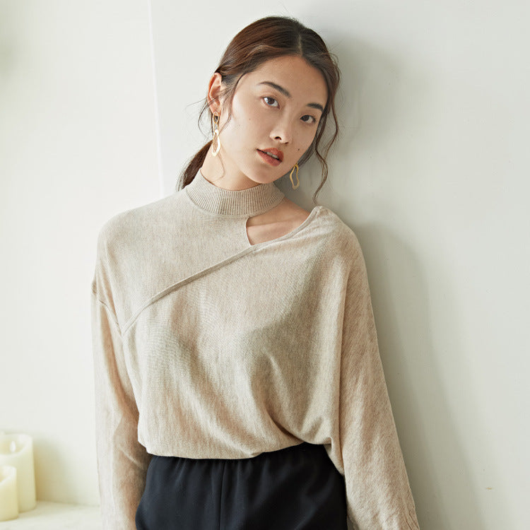 Half High Neck Thin Off-Shoulder Pullover Loose Bottoming Sweater