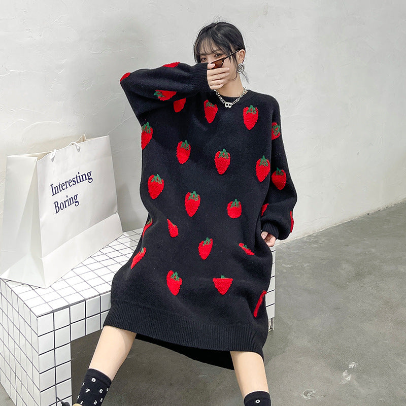 Loose Strawberry Jacquard Knit Midi Dress