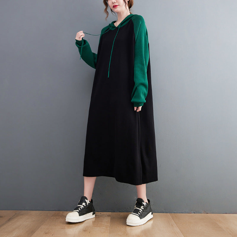 Retro Loose Color-Block Hooded Midi Dress