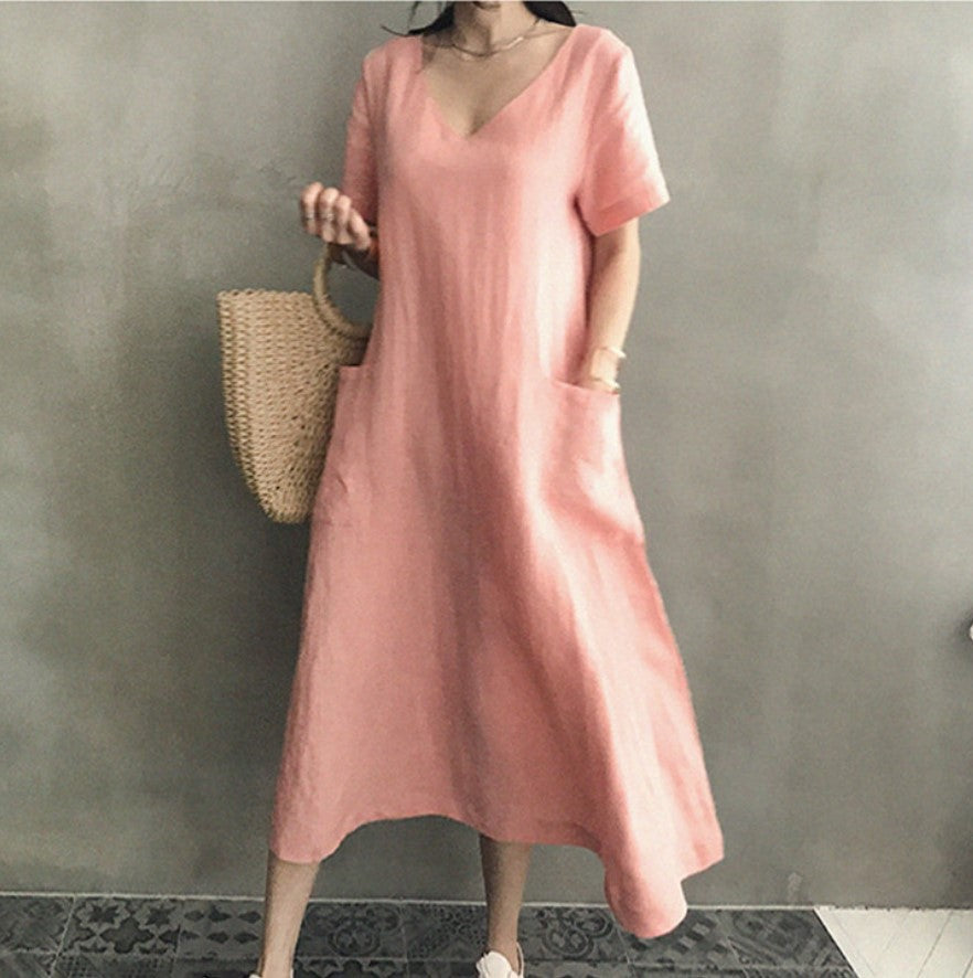 Loose Solid Color V-Neck Slim Short Sleeve Dress