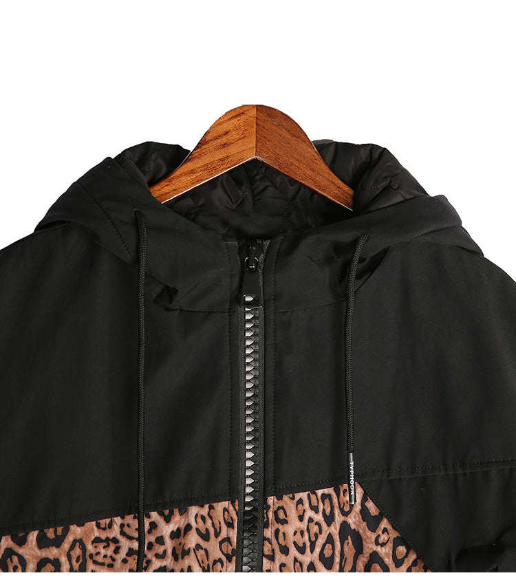 Zipper Stitching Leopard Print Hooded Puffer Long Coat