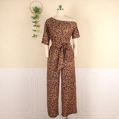 Sexy Off Shoulder Short Sleeve Loose Leopard Print Jumpsuit