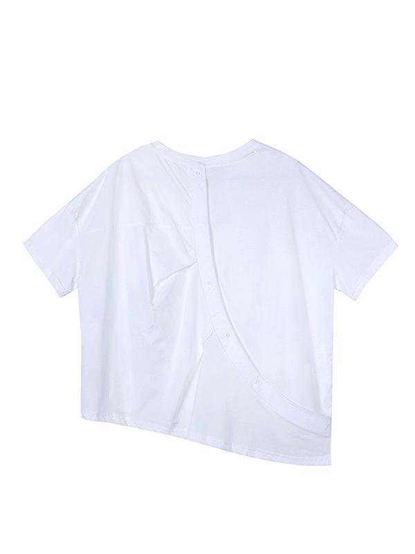 Simple Loose Solid Pocket Back-Button T-Shirt
