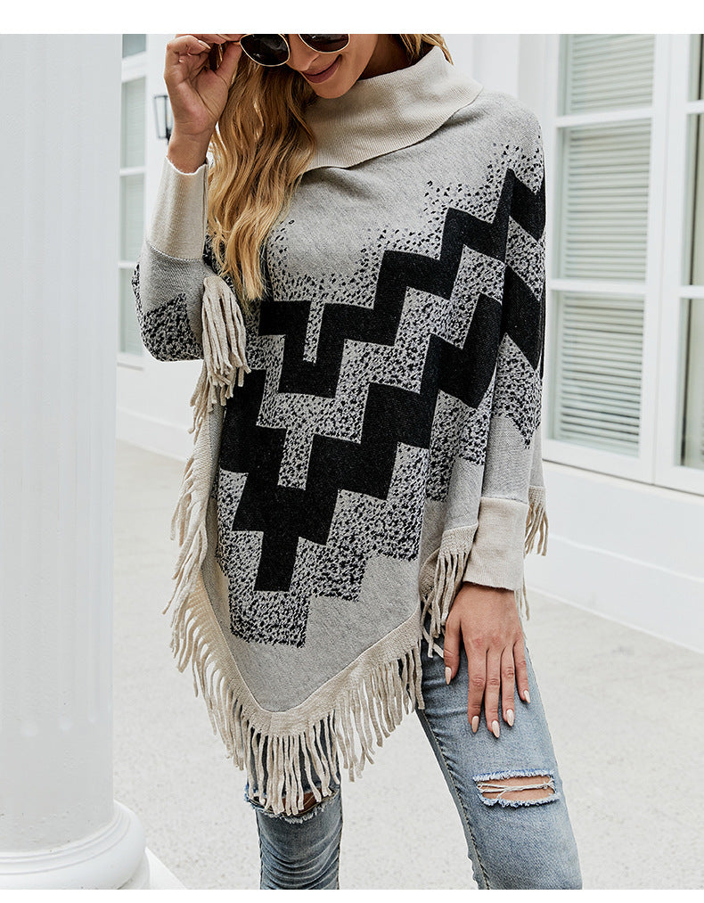 Loose Tassel Abstract Printed Knitted Shawl Sweater