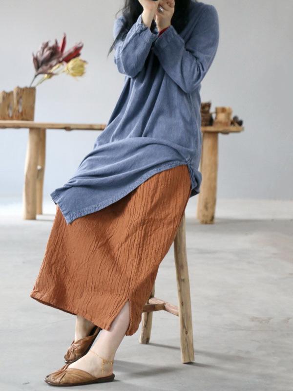 Vintage Solid V-Neck Split-Side Button Dress