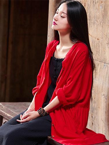 Soft Red Ramie Cotton Linen Cover-up Cardigan