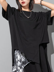 High-Low Irregular Clipping Pure Color Round-Neck T-Shirts Tops