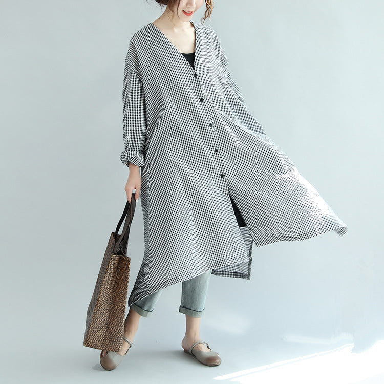 Women V-Neck Check Waist Loose Dress