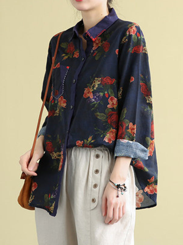 Artistic Retro Floral Shirt Blouse Tops