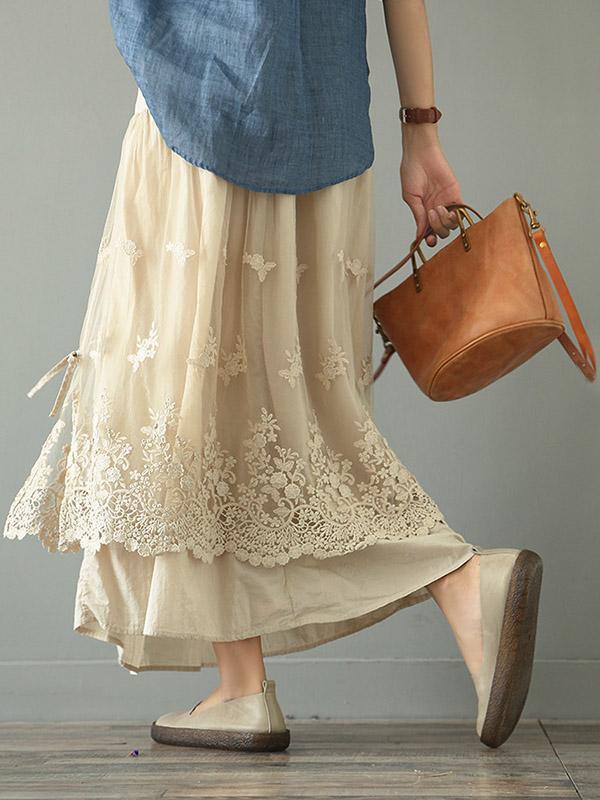 Loose Tiered Gauze Embroidered Lace Skirt