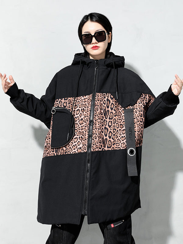 Zipper Stitching Leopard Print Hooded Puffer Long Coat