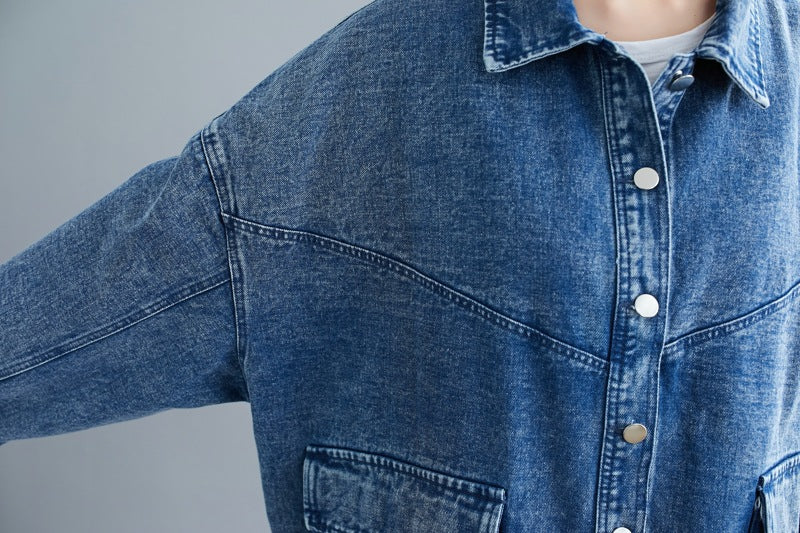 Loose Stand Collar Split-Joint Denim Coat