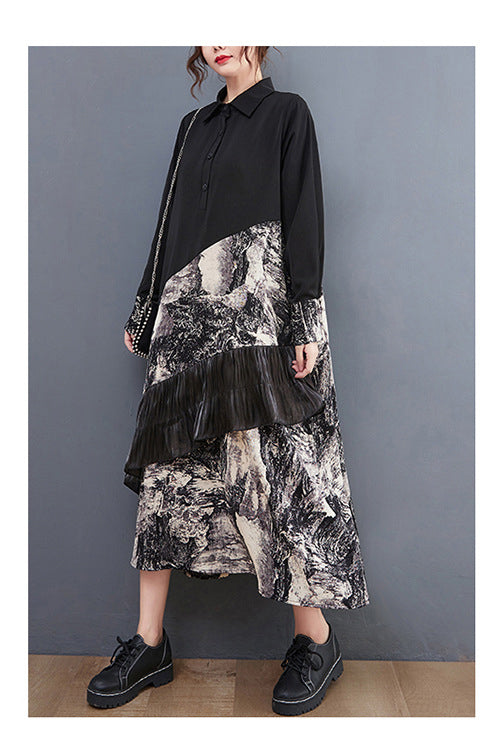 Loose Print Patchwork Shirt Midi Dress