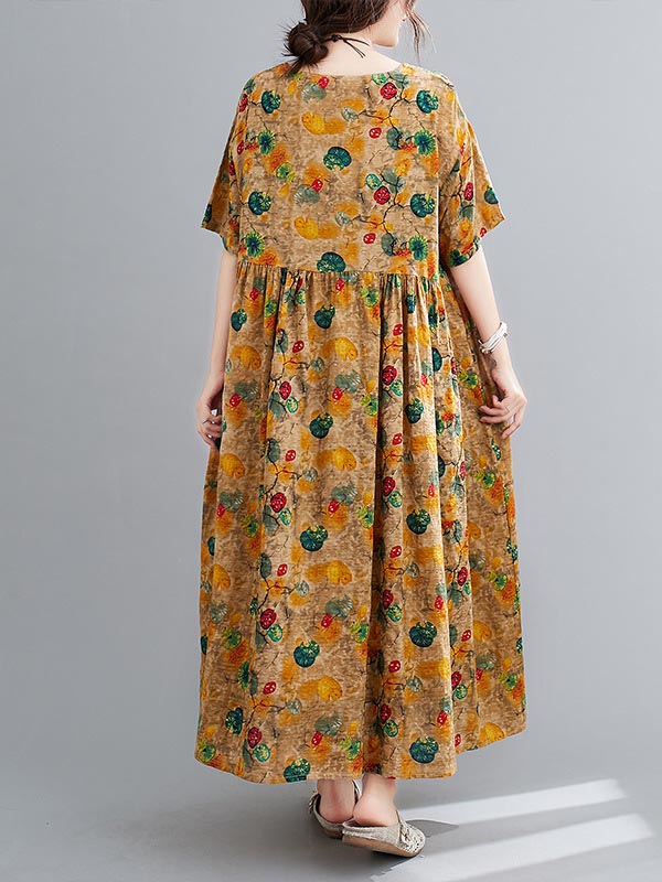 Artistic Retro Floral Round-Neck Dress