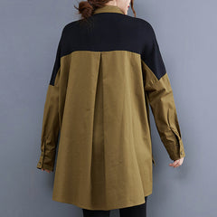 Contrast Color Stitching Mid-Length Loose Casual Long Sleeve Shirt
