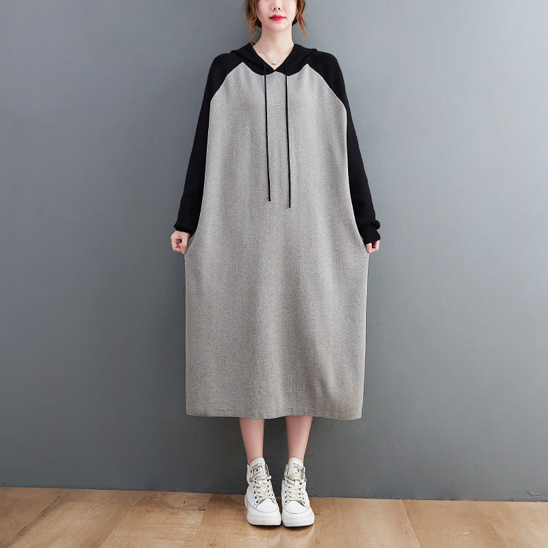 Retro Loose Color-Block Hooded Midi Dress