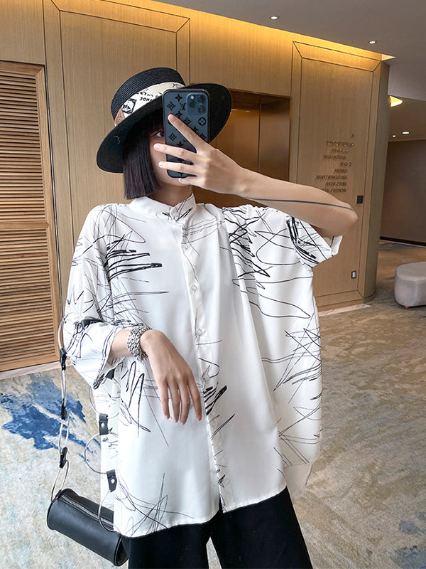 Loose Abstract Printed Irregular Stand-Collar Blouse