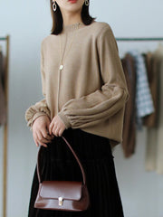 Women Solid Color Retro Loose Round Neck Sweater