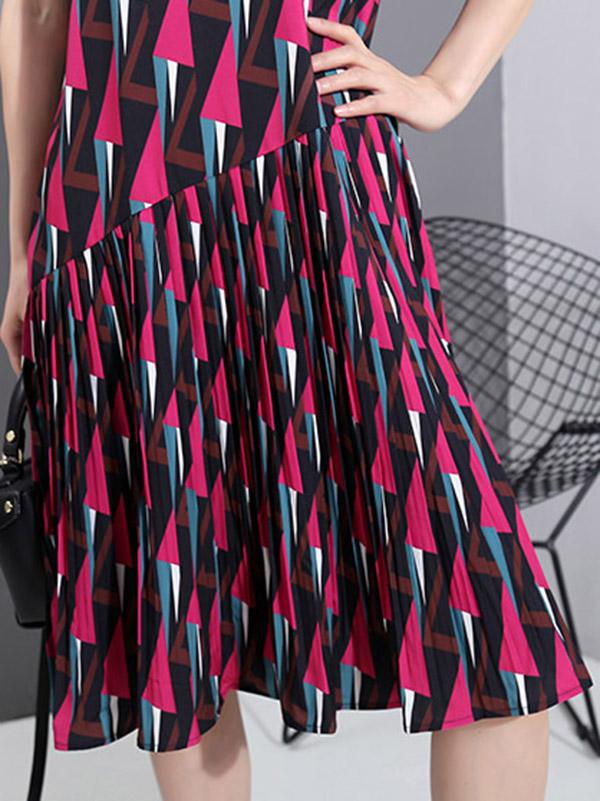 Rhomboid Print Pleat Round Neck Dress