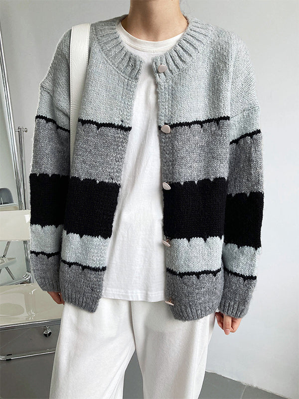 Color Block Round Neck Knitted Sweater Coat