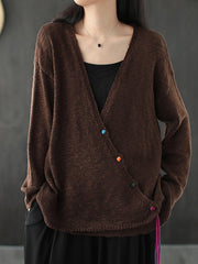 Solid V-Neck Loose Retro Cardigan Outwear